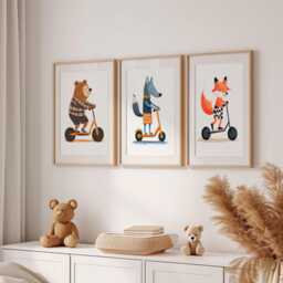 Woodland Animal Scooter Prints Nursery Playroom Wall Art - Set Of 3 - thumbnail 2
