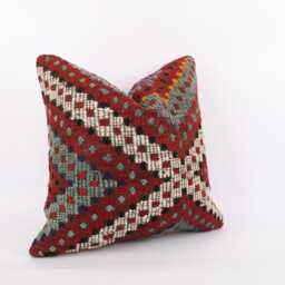 Handmade Turkish Kilim Pillow Cover Ethnic Woven Wool Cushion - 20x20 - thumbnail 2