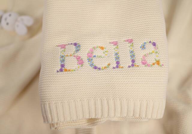 Baby Blanket, Embroidered Floral Alphabet, Knit Newborn Gift, Knitted Blanket For Pram, Beautifully Embroidered Custom Name - image 1