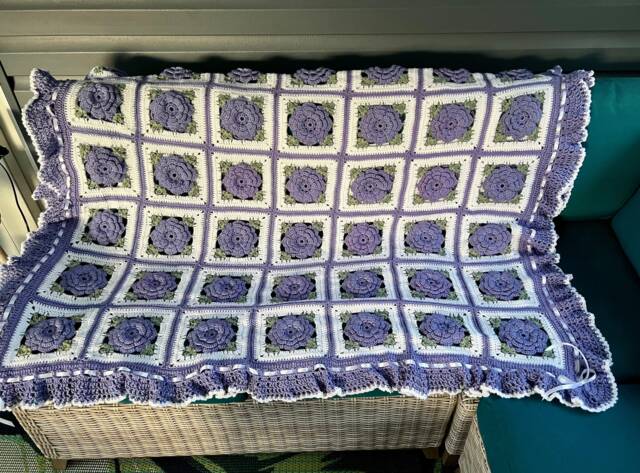 Lilac Rose Crochet Afghan Purple Floral Ruffle Throw - image 1