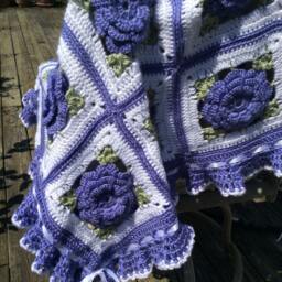 Lilac Rose Crochet Afghan Purple Floral Ruffle Throw - thumbnail 4