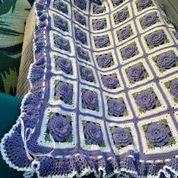 Lilac Rose Crochet Afghan Purple Floral Ruffle Throw - thumbnail 2