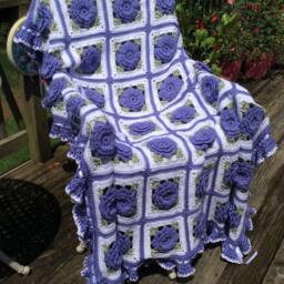 Lilac Rose Crochet Afghan Purple Floral Ruffle Throw - thumbnail 3