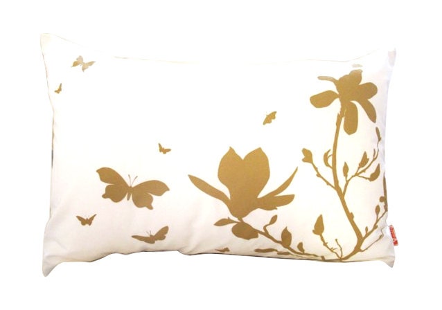Mustard Print On Off White Cotton Magnolia & Butterfies Rectangle Pillow - image 1