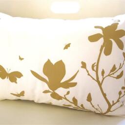 Mustard Print On Off White Cotton Magnolia & Butterfies Rectangle Pillow - thumbnail 2