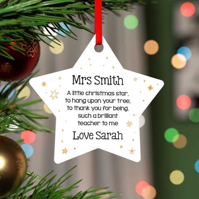 Personalised Star Christmas Bauble Teacher, Teaching Assistant Nursery Xmas Gift, Acrylic Ornament, Gift Teacher With Red Bag - image 1