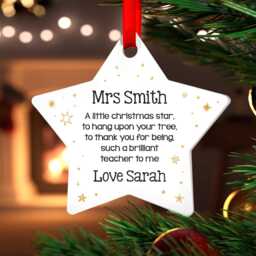 Personalised Star Christmas Bauble Teacher, Teaching Assistant Nursery Xmas Gift, Acrylic Ornament, Gift Teacher With Red Bag - thumbnail 3