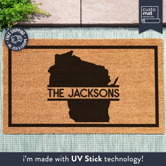 Us State Wisconsin Silhouette Door Mat - Custom Family Monogram Rug Closing Gift Map Doormat Realtor Porch Decor - image 1