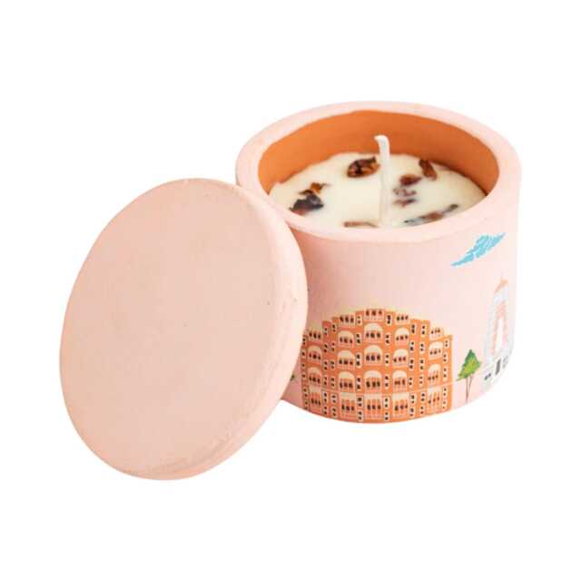 Artisan Soy Wax Candle, Terracotta Jar With Miniature Art, Hawa Mahal Architectural Motif - image 1