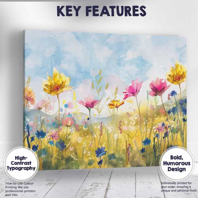 Bright Watercolour Wildflower Meadow Colourful Floral Landscape Canvas Wall Art Print Decor Picture Ready To Hang - image 1