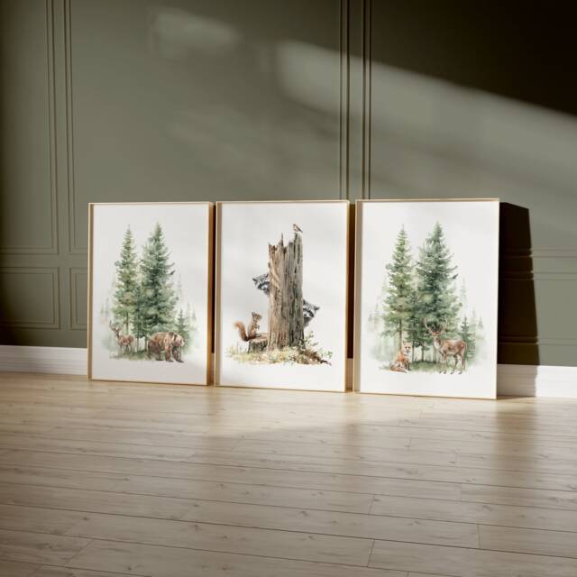 Woodland Nursery Art, Watercolor Nursery, Deer Bear Fox, Woodland Set Of Three Nursery Prints, Forest Prints - image 1