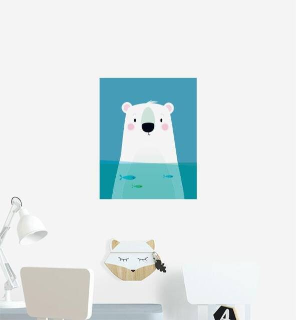Polar Bear With Fish Wall Sticker Decal - Kids Stickers, Animals Childrens Decals, Art, Room, Girl, Boy