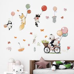 Cartoon Animal Balloons, Panda Bike Riding, Wall Decoration, Bedroom Living Room, Background Stickers, Translucent Stickers - thumbnail 1