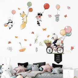 Cartoon Animal Balloons, Panda Bike Riding, Wall Decoration, Bedroom Living Room, Background Stickers, Translucent Stickers - thumbnail 2