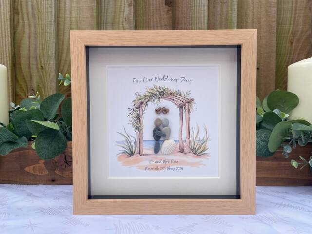 Personalised Beach Wedding Pebble Picture, Gift, Mr & Mrs Art, Arch Frame, Handmade Newlyweds Unique - image 1