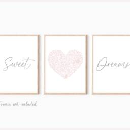 Pink Bedroom Wall Art, Sweet Dream Prints, Blush & Grey Decor, Art Posters, Heart Set Of 3 - thumbnail 2