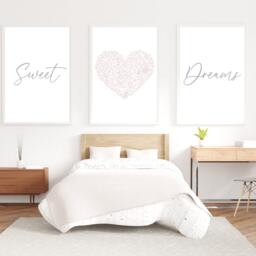 Pink Bedroom Wall Art, Sweet Dream Prints, Blush & Grey Decor, Art Posters, Heart Set Of 3 - thumbnail 1