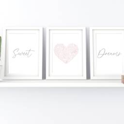 Pink Bedroom Wall Art, Sweet Dream Prints, Blush & Grey Decor, Art Posters, Heart Set Of 3 - thumbnail 3