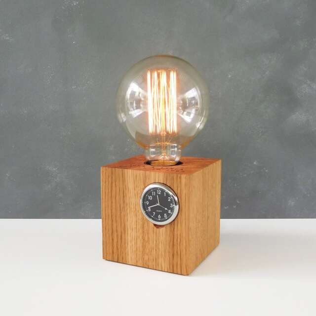 Personalized Oak Wood Table Lamp With Clock Wooden Small Bedside Desk Light - image 1