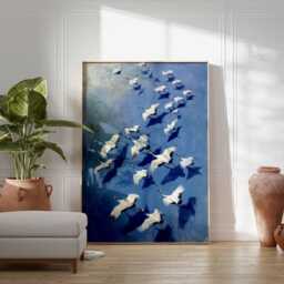 Flying Cranes Wall Art Print, Blue Sky Bird Flock Poster Design, Elegant Nature Unframed Decor, Soaring Wildlife Painting Style - thumbnail 2
