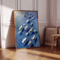 Flying Cranes Wall Art Print, Blue Sky Bird Flock Poster Design, Elegant Nature Unframed Decor, Soaring Wildlife Painting Style - thumbnail 3