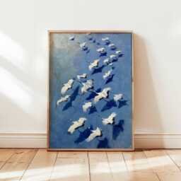Flying Cranes Wall Art Print, Blue Sky Bird Flock Poster Design, Elegant Nature Unframed Decor, Soaring Wildlife Painting Style - thumbnail 1