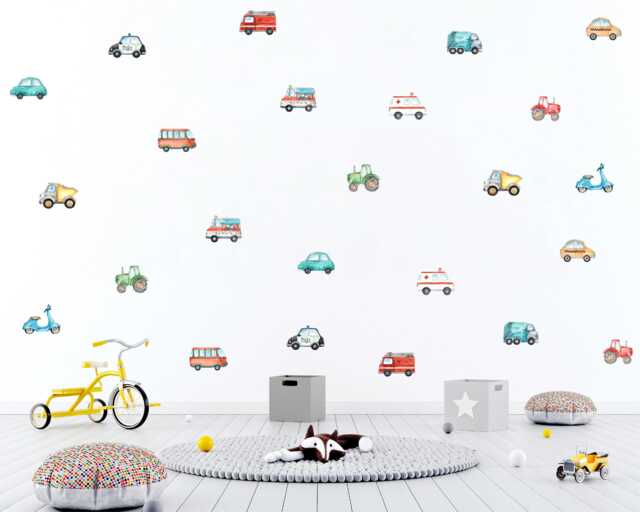 Watercolour Road Vehicle Wall Decals, Cars Nursery Stickers, Transportation Playroom Decor, Police, Fire Truck, City Trucks, Tractor - image 1