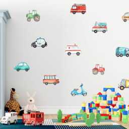 Watercolour Road Vehicle Wall Decals, Cars Nursery Stickers, Transportation Playroom Decor, Police, Fire Truck, City Trucks, Tractor - thumbnail 2