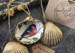 Bullfinch Decoration, Hanging Garden Birds Ornament, Christmas Cockle Shell Decorations, Nature Lover Bird Lovers Gift - thumbnail 1