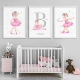 Ballet Nursery Decor, Personalised Ballerina Wall Art For Girls Bedroom, Pink Dance Room 3 Poster Set, Gift Dancer - thumbnail 3