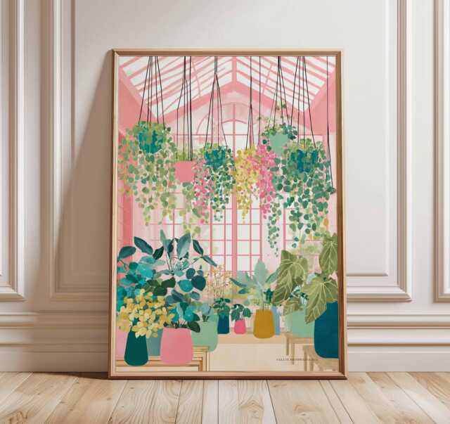 Greenhouse Plant Wall Art Print, Botanical Garden Poster, Hanging Plants Illustration, Colorful Nature Artwork, Home Decor Gift - image 1