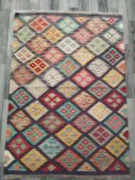 Handmade Afghan Kilim Rug, Geometric Tribal Design, Multicolour Artisan Persian Turkish Flatweave, Aryana Natural Wool Carpet, 148x107 cm - thumbnail 1