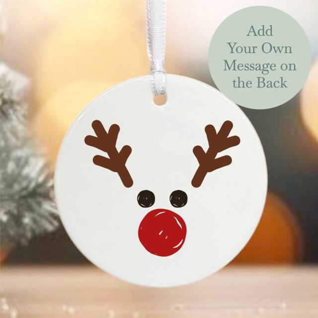 Personalised Christmas Tree Hanging Decoration, Porcelain Bauble With Rudolf Reindeer & Message, Childrens 1st Name - image 1