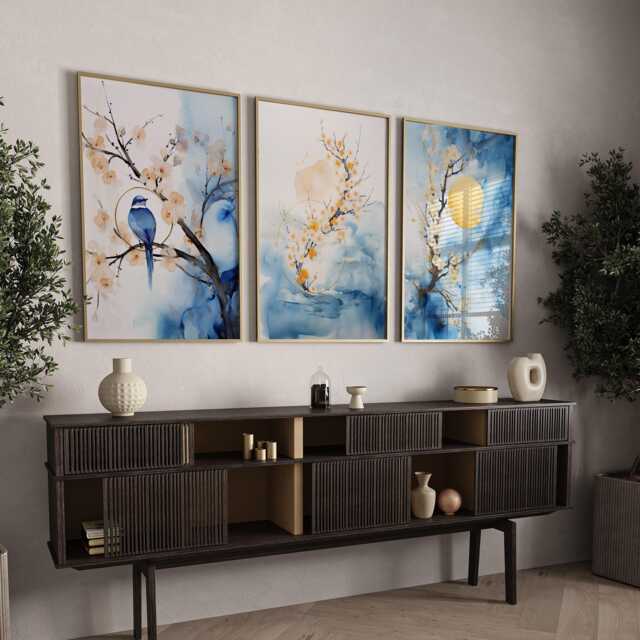 Blue & Gold Cherry Blossom Wall Art - Set Of 3 Navy Asian Japanese Golden Moon Sakura Room Decor Floral - image 1
