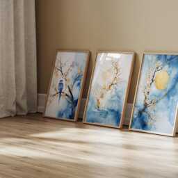 Blue & Gold Cherry Blossom Wall Art - Set Of 3 Navy Asian Japanese Golden Moon Sakura Room Decor Floral - thumbnail 2