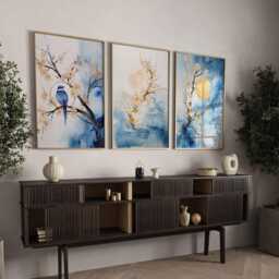 Blue & Gold Cherry Blossom Wall Art - Set Of 3 Navy Asian Japanese Golden Moon Sakura Room Decor Floral - thumbnail 1