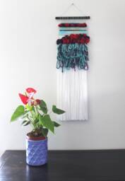 "Woven Fiber & Watercolor Wall Hanging ""Scarlet Veil"