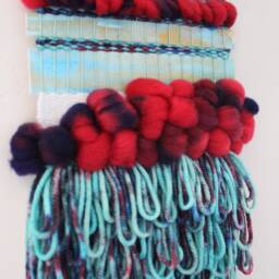 "Woven Fiber & Watercolor Wall Hanging ""Scarlet Veil" - thumbnail 3