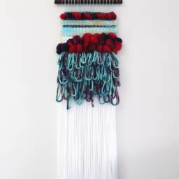 "Woven Fiber & Watercolor Wall Hanging ""Scarlet Veil" - thumbnail 2