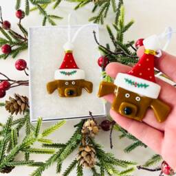 Fused Glass Dog Christmas Decoration -Fused Ornament, Dog Decoration, Santa Hat - thumbnail 3