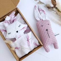 Fox Lovey & Bunny Rattle Set, Pink Baby Comforter, First Crib Toy, Personalized Newborn Present - thumbnail 2