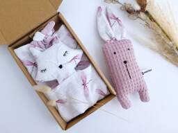 Fox Lovey & Bunny Rattle Set, Pink Baby Comforter, First Crib Toy, Personalized Newborn Present