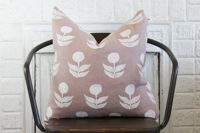 Blush Pink Linen Pillow Cover Hand Block Printed Floral Design, Off-White Denim Back - image 1