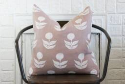 Blush Pink Linen Pillow Cover Hand Block Printed Floral Design, Off-White Denim Back - thumbnail 1