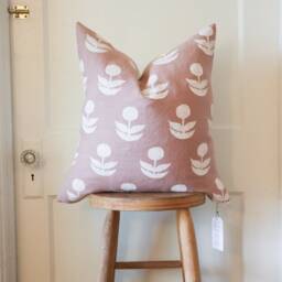 Blush Pink Linen Pillow Cover Hand Block Printed Floral Design, Off-White Denim Back - thumbnail 4