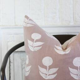 Blush Pink Linen Pillow Cover Hand Block Printed Floral Design, Off-White Denim Back - thumbnail 2