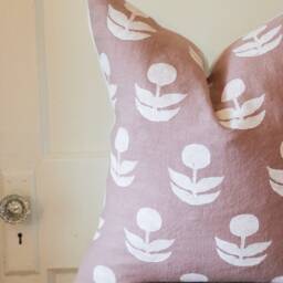 Blush Pink Linen Pillow Cover Hand Block Printed Floral Design, Off-White Denim Back - thumbnail 3