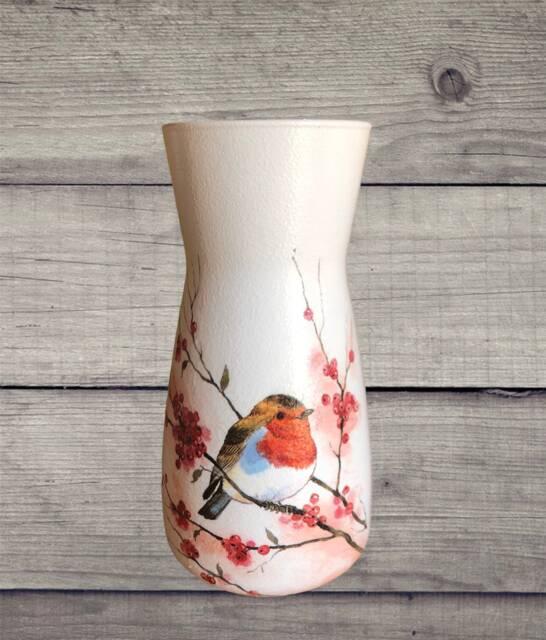 Robin Vase , Red Robin & Berries On A Vase, Gift For Mum Gifts, Her Garden Bird Gifts - image 1