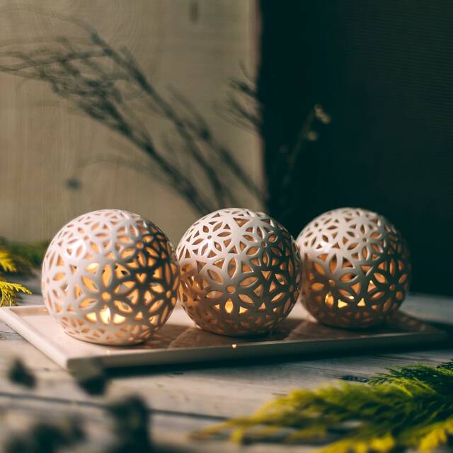 Hand Carved Ceramic Tea Light Holder Pottery Candle Lantern - image 1