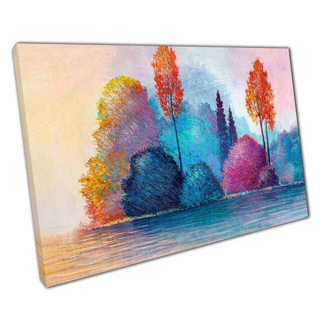Rainbow Textured Oil Painting - Autumnal Woodland Forest Canvas Wall Art For Home Office Decor - image 1
